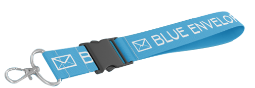 Image of a blue lanyard that says "Blue Envelope" with a silver clasp at the end for attaching keys.