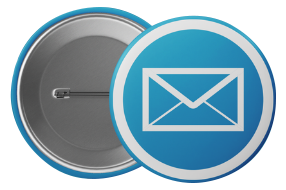 A round blue pin with a white envelope icon in the center, which is a symbol for the Blue Envelope program.